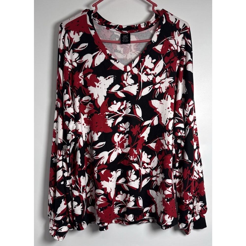 Lildy Tunic Top Women’s Large Extra Large Black Red Floral Long Sleeve Stretch